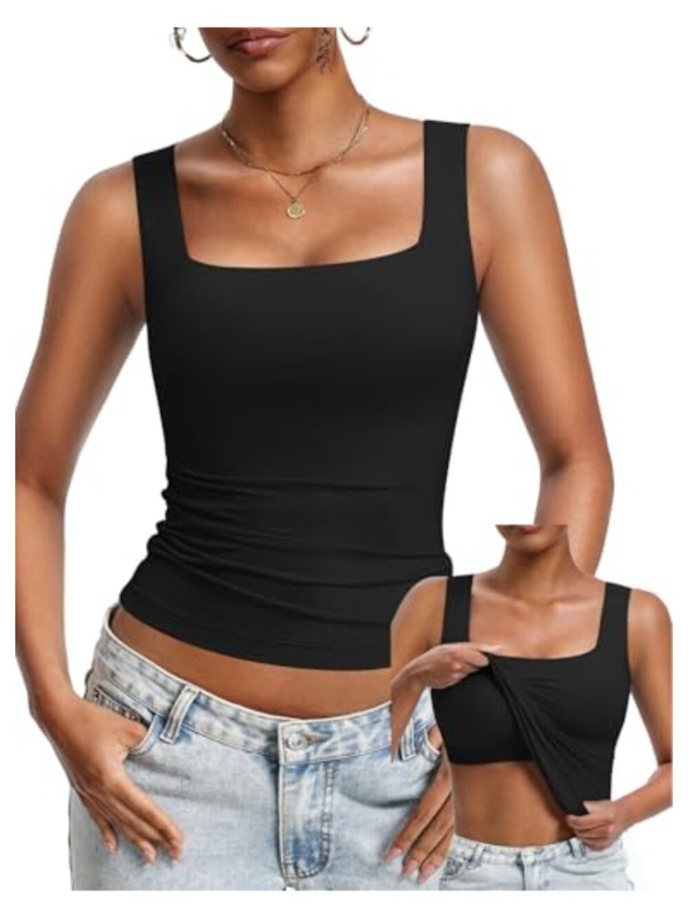 Built in Bra Tank Top Double Lined U Neck Slim Fit Summer Basic Top